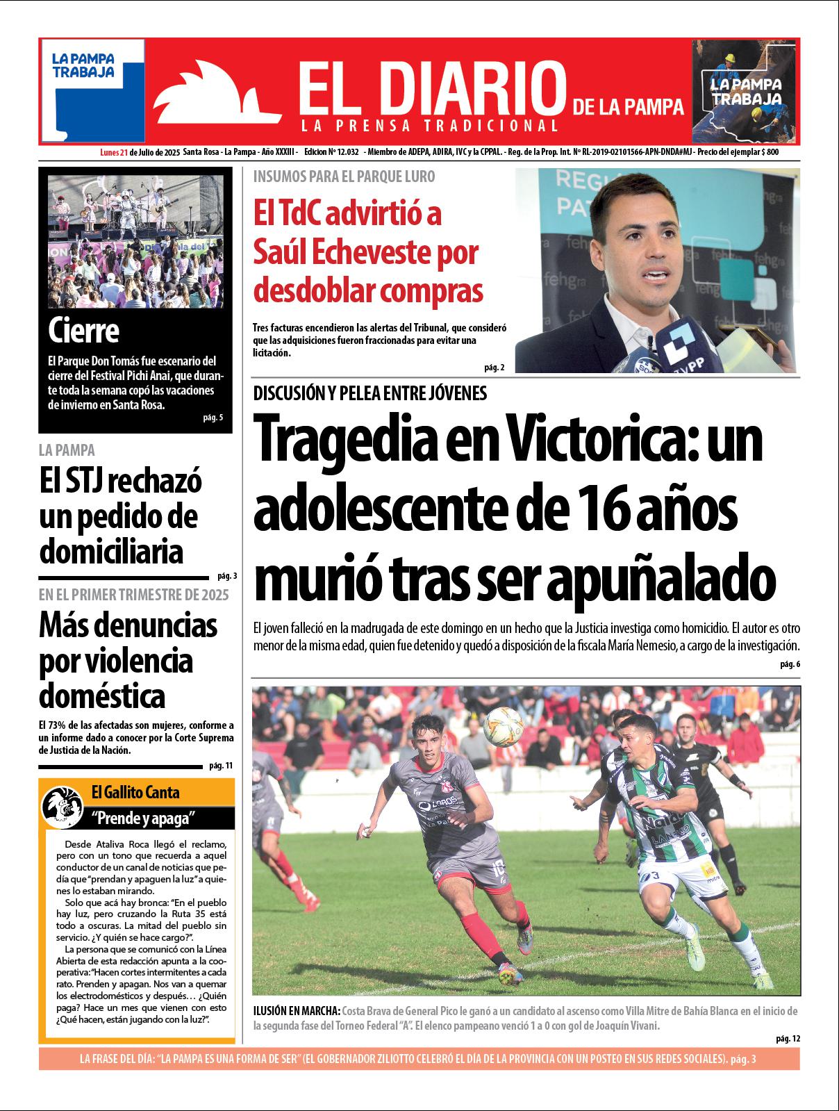 Tapa de El Diario en papel  lunes 21 de julio de 2025